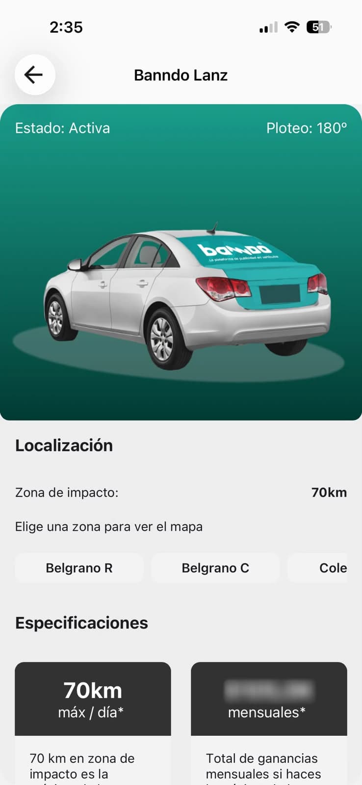 App de Banndo: detalle de la campaña activa con el auto ploteado 180° y sus zonas de impacto