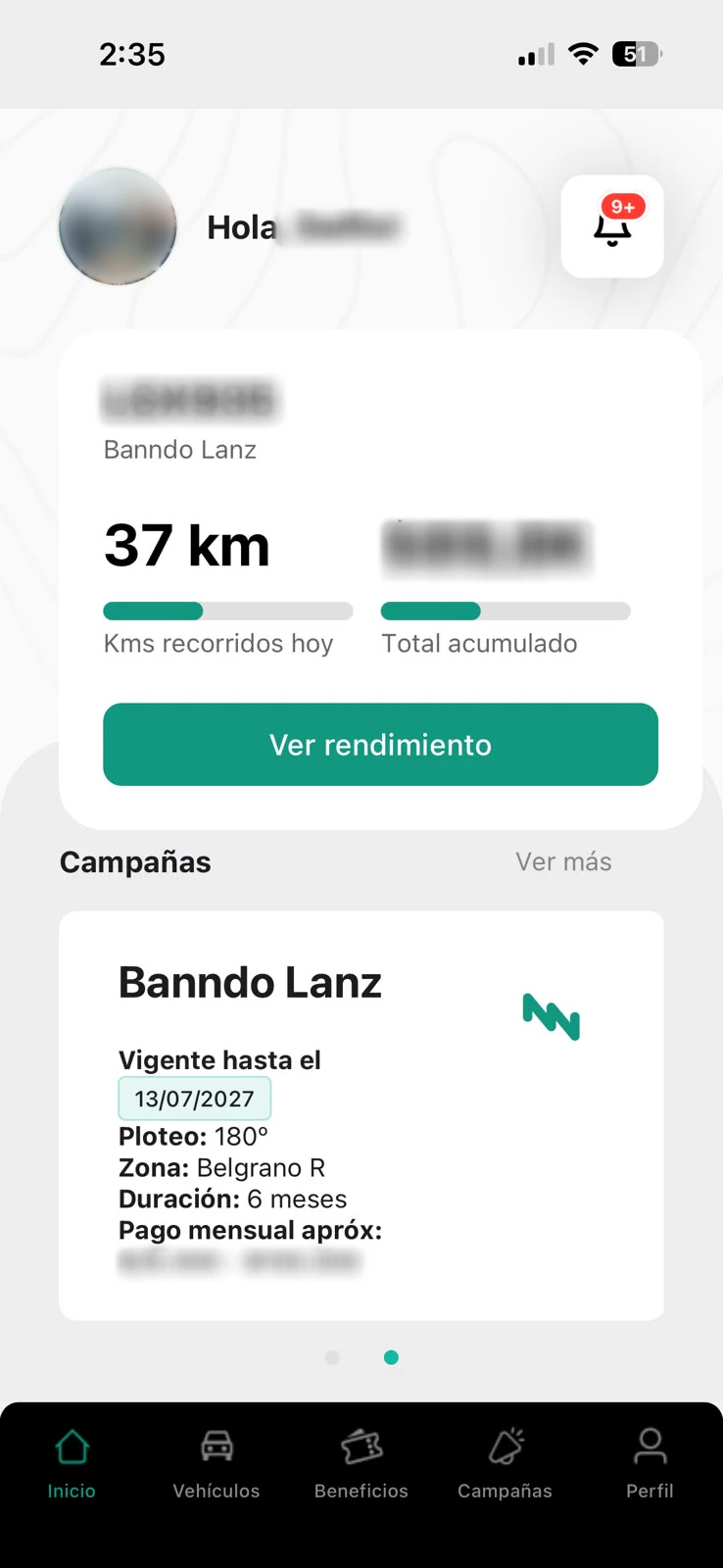 App de Banndo para conductores: inicio con los kilómetros recorridos hoy, el total acumulado y la campaña activa